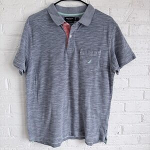 Nautica Polo Shirt 1/4 Button Men's Size L Heathered ‎ Blue Short Sleeve